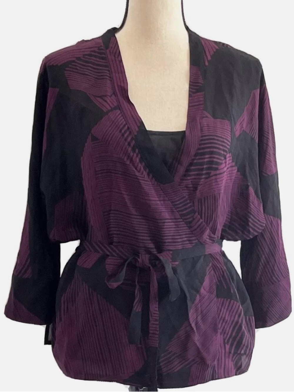 Calvin Klein Black & Plum Silk Wrap Top